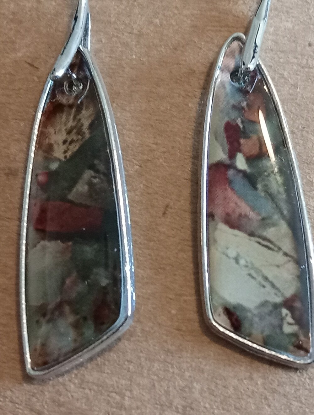 Painted Stone Teardrop Dangle Earrings - Green & Brown